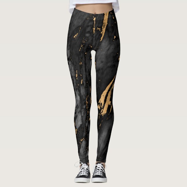 Guld och Svarta Marble struktur Leggings (Framsida)