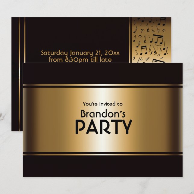 Guld och Svarta Musik noter Party Inbjudningar (Fram/baksida)