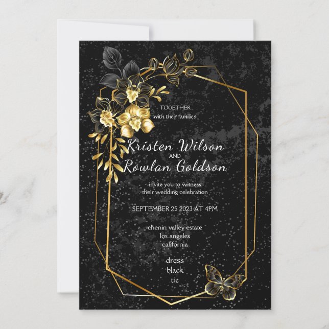 Guld och svarta orkidéer blommor på svart inbjudningar (Framsida)