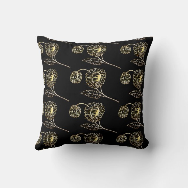 guld och svarta solblommor art Mönster Kudde (Baksida)