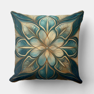 Guld och Teal Blommigt Mandala - sofistikerad desi Kudde