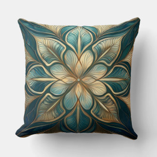 Guld och Teal Blommigt Mandala - sofistikerad desi Kudde