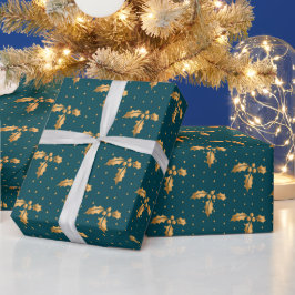 Guld och Teal Blue jul Holly Presentpapper