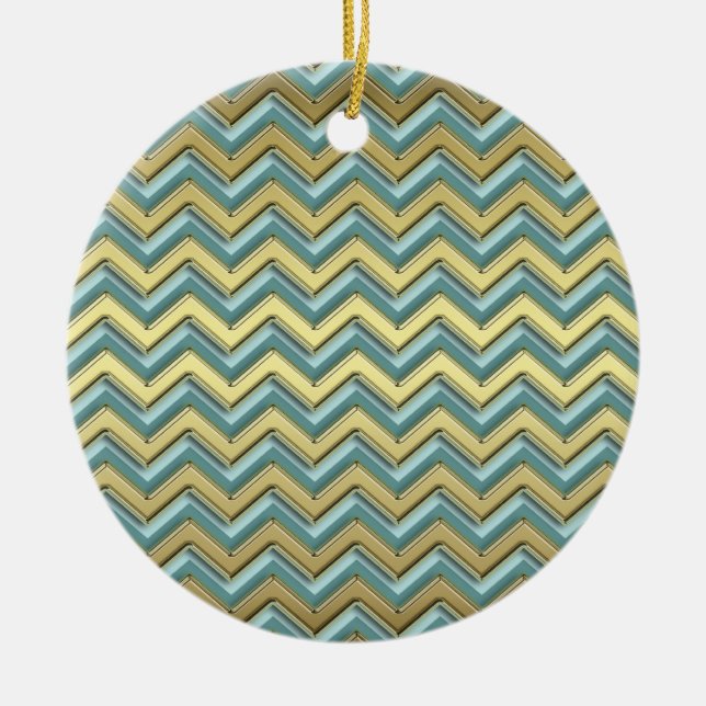 Guld och Teal Chevron Mönster Julgransprydnad Keramik (Framsidan)