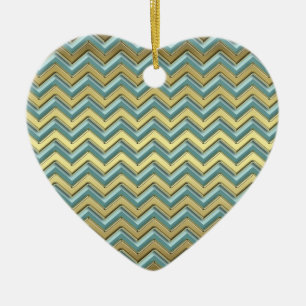 Guld och Teal Chevron Mönster Julgransprydnad Keramik