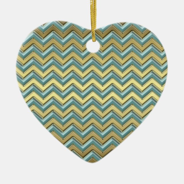 Guld och Teal Chevron Mönster Julgransprydnad Keramik (Framsidan)
