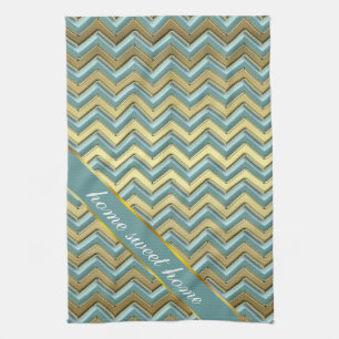 Guld och Teal Chevron Mönster Kökshandduk