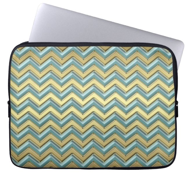 Guld och Teal Chevron Mönster Laptop Sleeve (Framsidan)