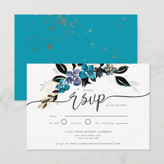 Guld och teal, dramatisk blommigt inbjudningar (Fram/baksida)