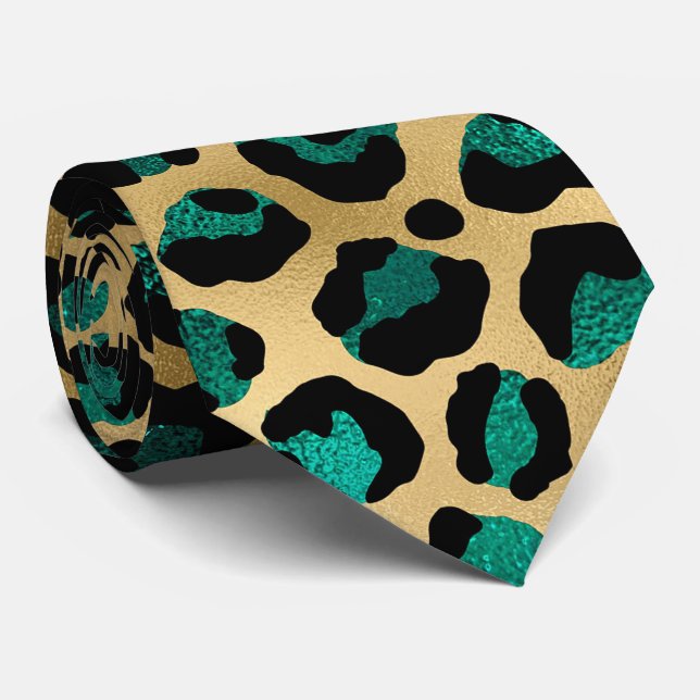 Guld och teal Glam Leopardtryck Slips (Rullad)