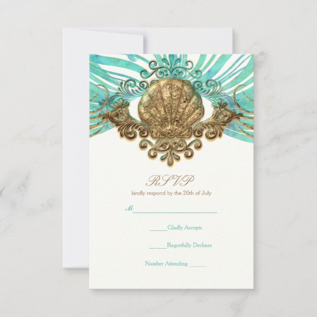 Guld- och teal havsskal Glam strand elegant RSVP-k OSA Kort (Framsida)