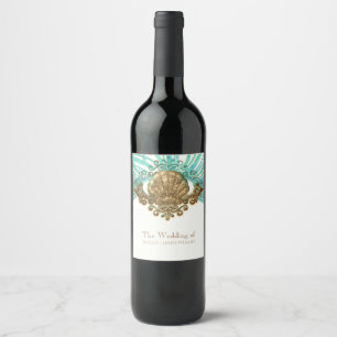 Guld- och teal havsskal Glam strand vin etiketter