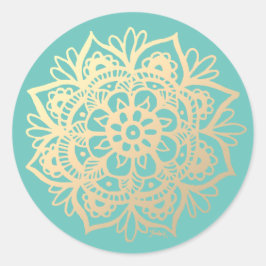 Guld- och teal mandala-blomma runt klistermärke