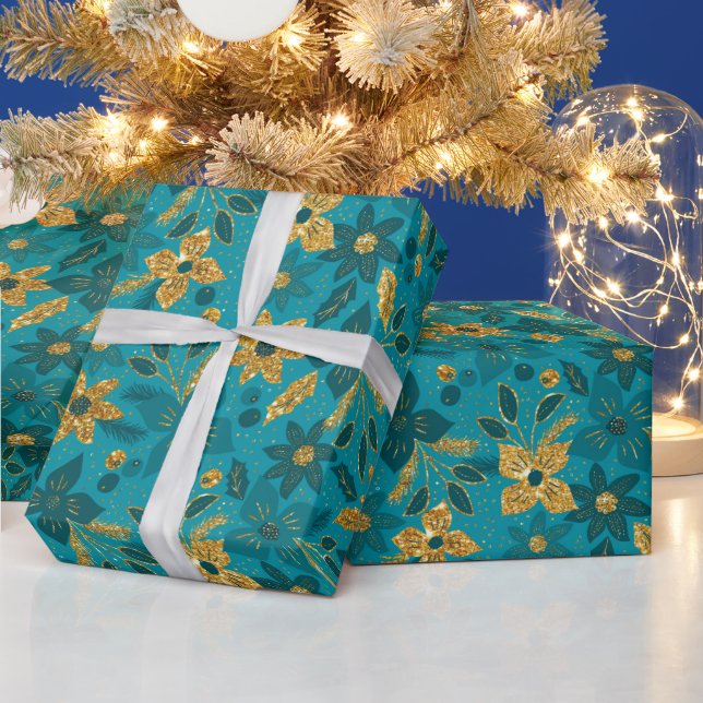 Guld- och tealblå julpoinsettia blommor presentpapper (Helgdagar)
