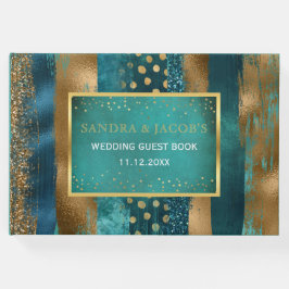 Guld och tealpenseldrag och konfeetti bröllop gästböcker