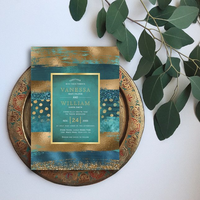 Guld och tealstrokar och konfeetti bröllop inbjudningar (Skapare uppladdad)