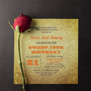 Guld och Topaz Orange Glitter Sweet 16 Inbjudningar