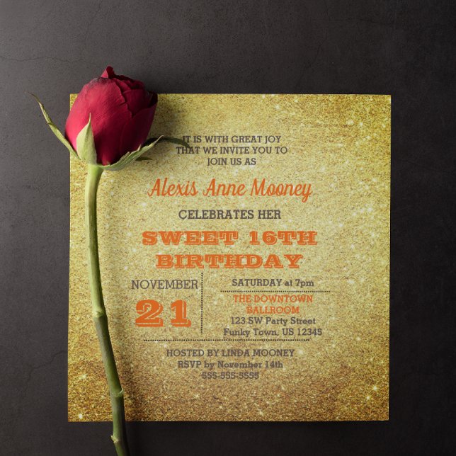 Guld och Topaz Orange Glitter Sweet 16 Inbjudningar (Skapare uppladdad)