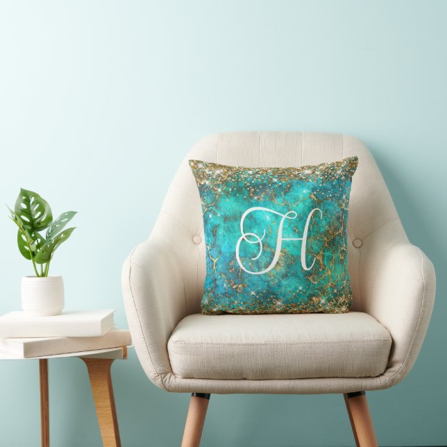 Guld och Turkos Ädelsten Glam Monogram Kudde (Stol)