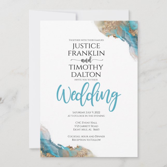 Guld- och turkos elegant bröllopsinbjudan meddelande (Framsida)