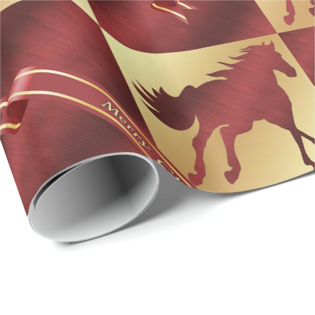 Guld- och vinhästgod jul Lg. Tryck Presentpapper (Rullad Hörn)