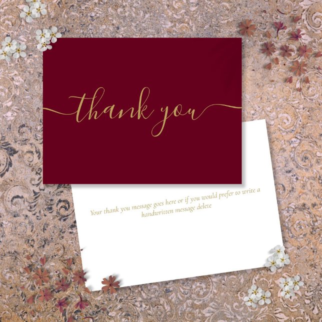 Guld Och Vinröd Enkel Modern Elegant Skrift Tack Kort (Gold And Burgundy Simple Modern Elegant Script Thank You Card)