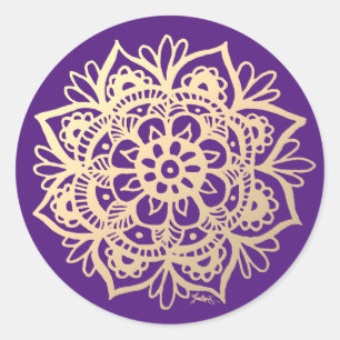 Guld- och violett Mandala-blomma Runt Klistermärke