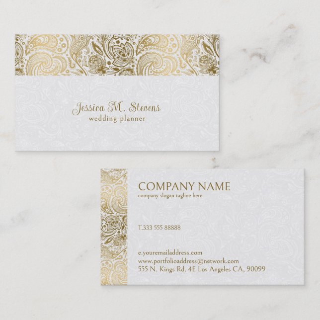 Guld och vit Blommigt Paisley Bröllopsfixaren Visitkort (Fram/baksida)