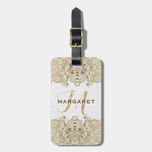 Guld och vit Blommigt Paisley Snöre Bagagebricka (Vertikal Framsida)