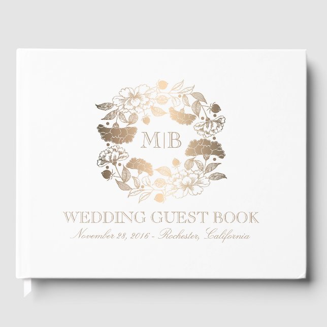 Guld och vit Blommigt Utandning Elegant bröllop Gästböcker (Framsida)