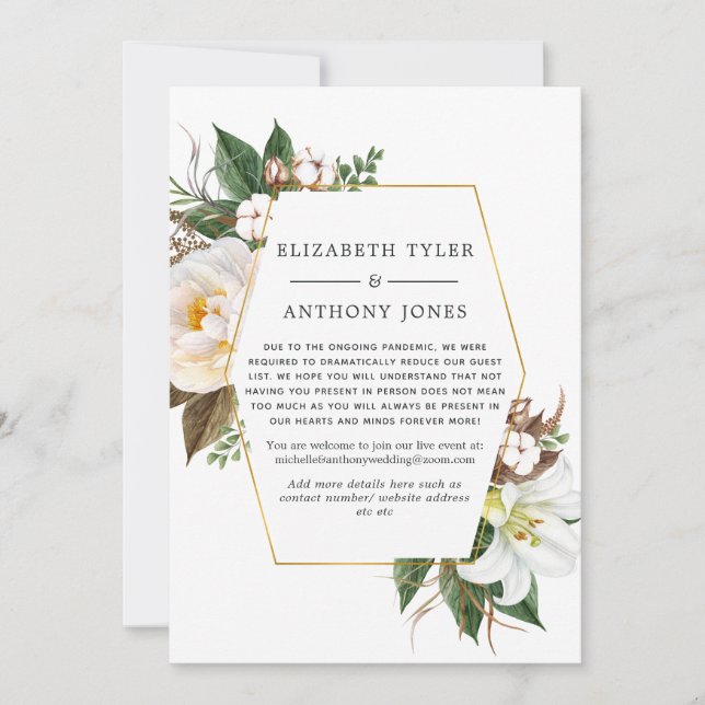 Guld- och vit blomsterbröllop med reducerad gästli meddelande (Framsida)