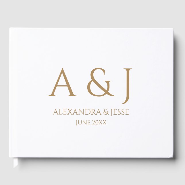 Guld och Vit Bröllopsmonogram Minimalistisk Enkel Gästböcker (Framsida)