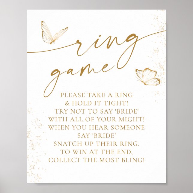 Guld Och Vit Fjäril Bröllopsdusch Ringspel Poster (Framsidan)
