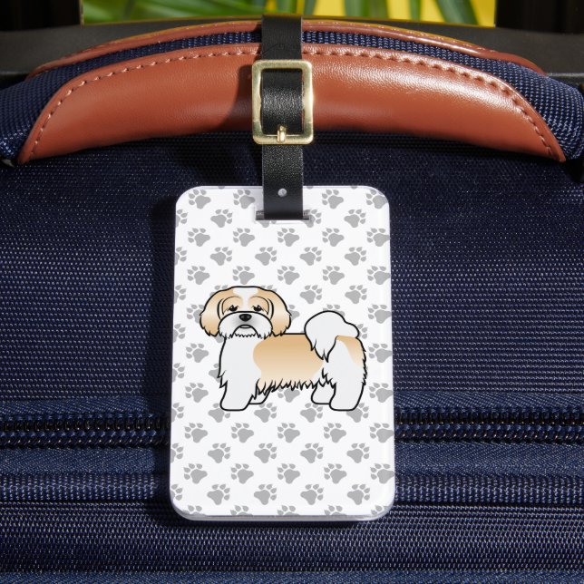Guld Och Vit Lhasa Apso Söt Hund & Anpassad Text Bagagebricka (Framsida Insitu 2)