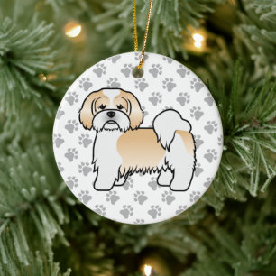 Guld Och Vit Lhasa Apso Söt Tecknad Hund Julgransprydnad Keramik