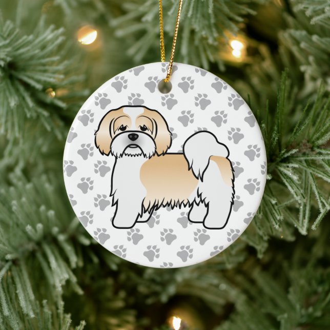 Guld Och Vit Lhasa Apso Söt Tecknad Hund Julgransprydnad Keramik (Träd)