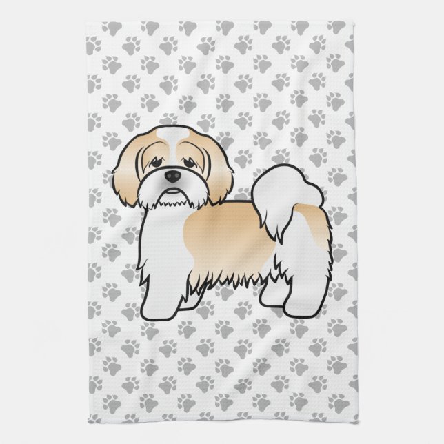 Guld Och Vit Lhasa Apso Söt Tecknad Hund Kökshandduk (Vertikal)