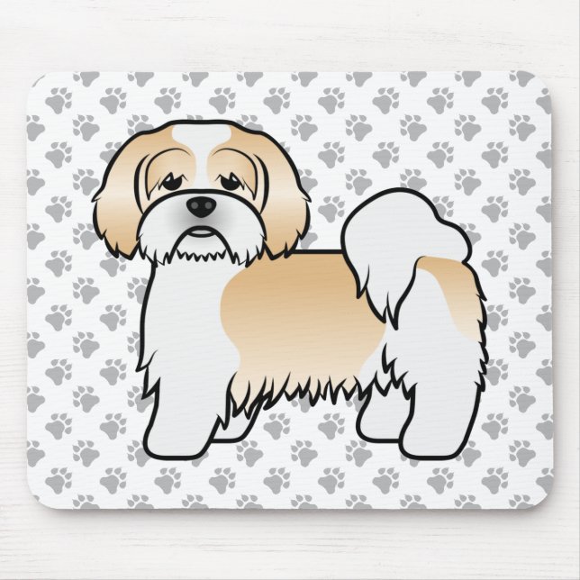 Guld Och Vit Lhasa Apso Söt Tecknad Hund Musmatta (Framsidan)