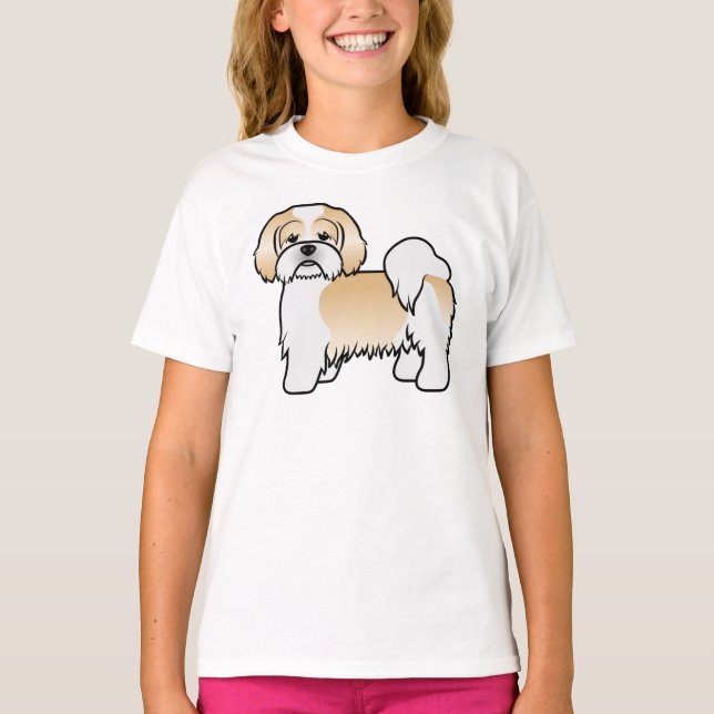 Guld Och Vit Lhasa Apso Söt Tecknad Hund T Shirt (Framsida)