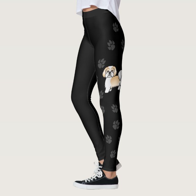 Guld Och Vit Lhasa Apso Tecknad Hund & Tassar Leggings (Vänster)