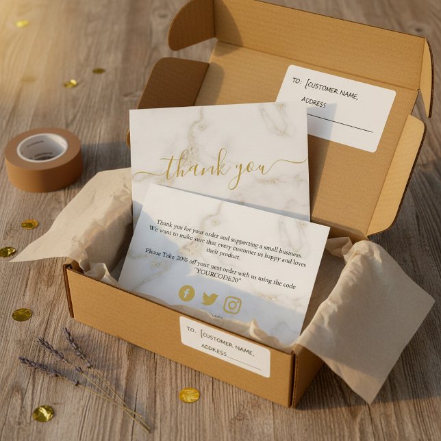 Guld och vit marmoreffekt, tack från kunden tilläggskort (Gold and white marble effect, customer thank you enclosure card.)