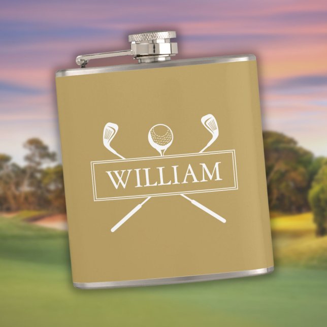 Guld Och Vit Personlig Namnklubbor Och Boll Fickplunta (Gold And White Personalized Name Clubs And Ball Flask)