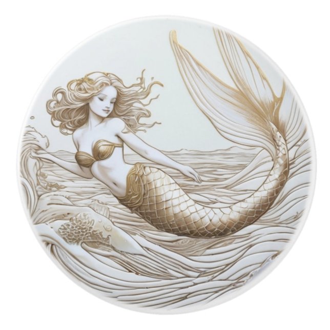 Guld och vit Sjöjungfru och Vinkara havet Lämnat m Knopp (Framsidan)