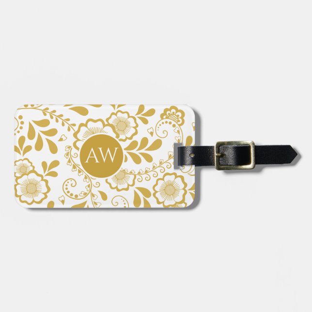 Guld och vit viktoriansk blomsterglace-monogram bagagebricka (Horisontell Framsida)