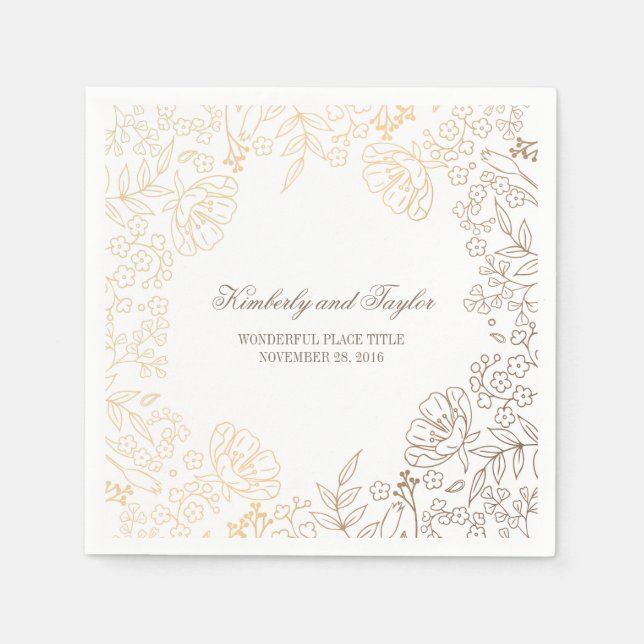 Guld och Vita Blommigten Vintage bröllop Pappersservett (Framsidan)