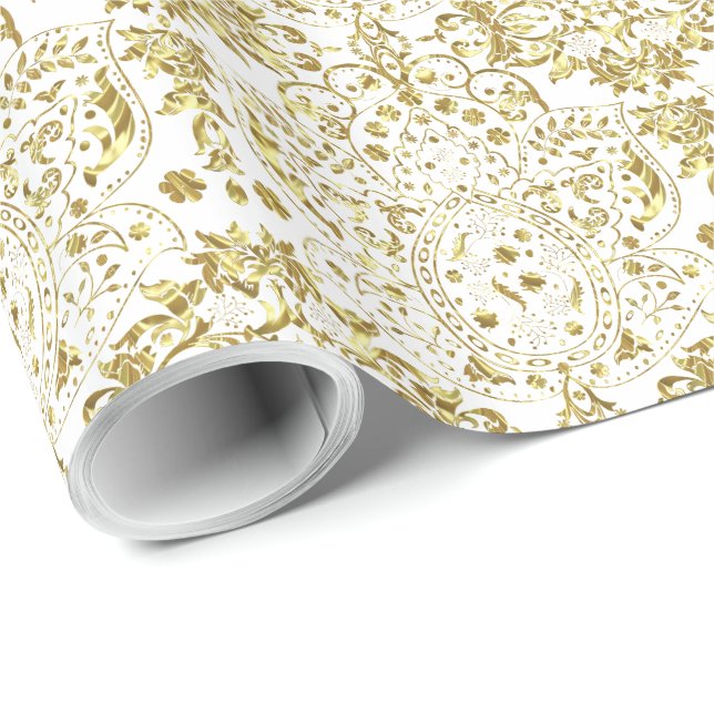 Guld och Vita Blommönstret Presentpapper (Rullad Hörn)