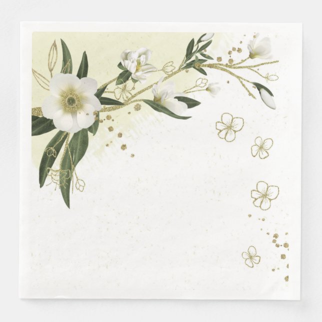 guld- och vita blommor gröna blad bröllop pappersservett (Framsida)