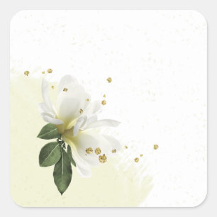 guld och vita blommor, grönska bröllop fyrkantigt klistermärke