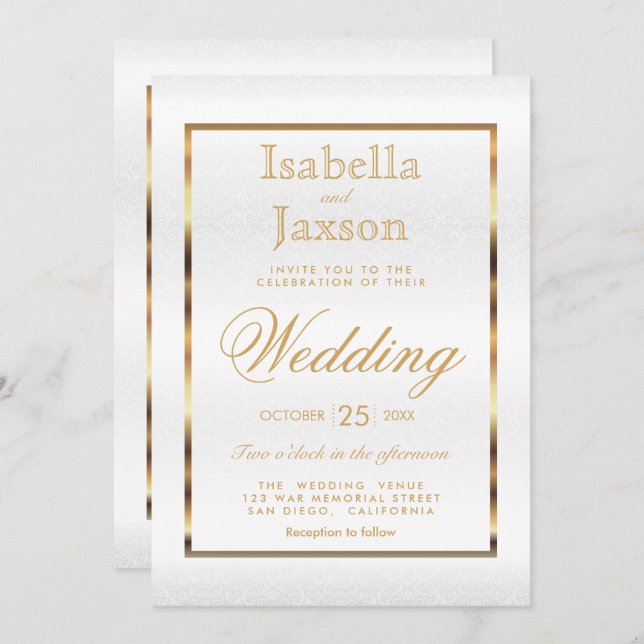 Guld och vita Dammen - Bröllop Inbjudningar (Fram/baksida)