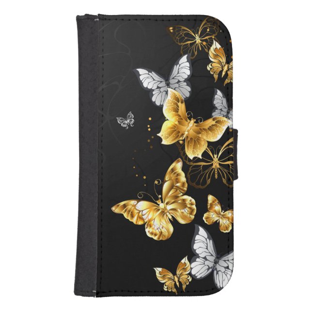 Guld och vita fjärilar galaxy s4 plånbok (Framsidan)